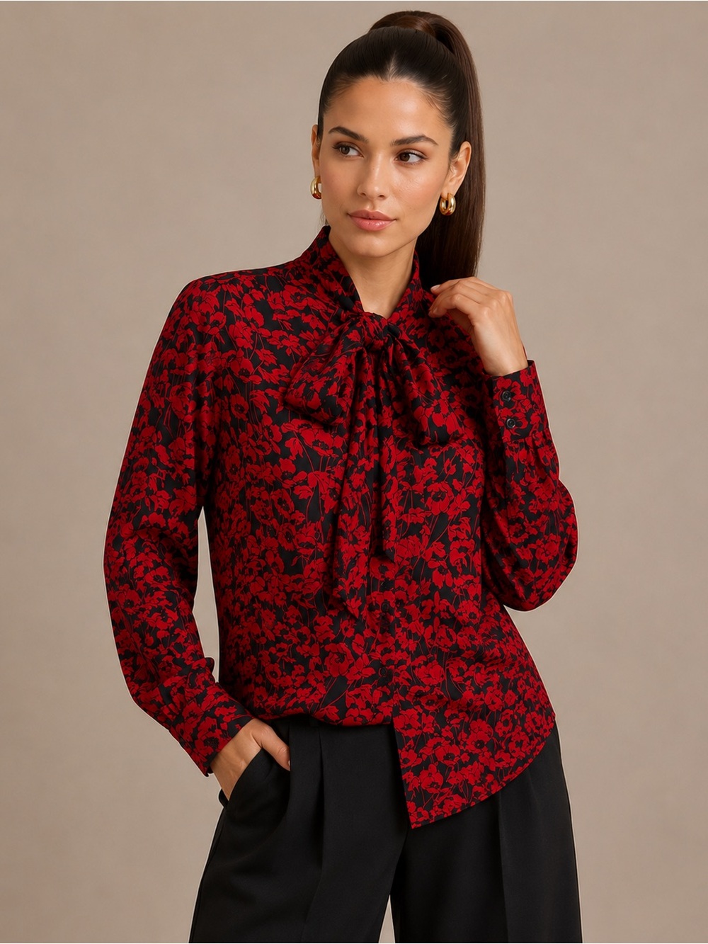 Who What Wear Red Floral Tie-Neck Blouse on Black - Picture 10 of 11